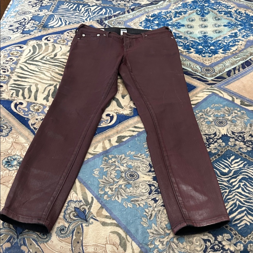 True Religion Burgundy Coated Denim. Halle Mid-rise Super Skinny; Size 27